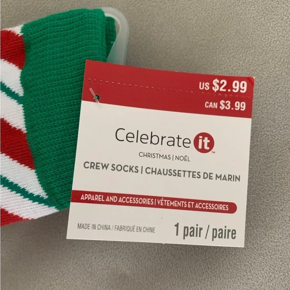 NWT Adult Christmas Socks Red, Green White Candy Cane Stripes Set of 4